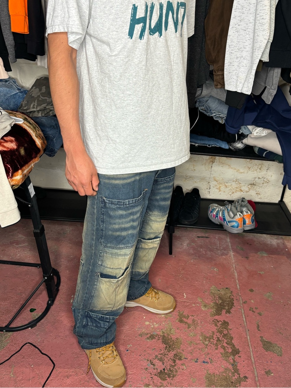 Boohoo Men’s Washed Blue Relaxed Cargo Jeans